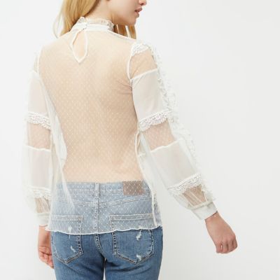 Cream lace and dobby mesh panel top